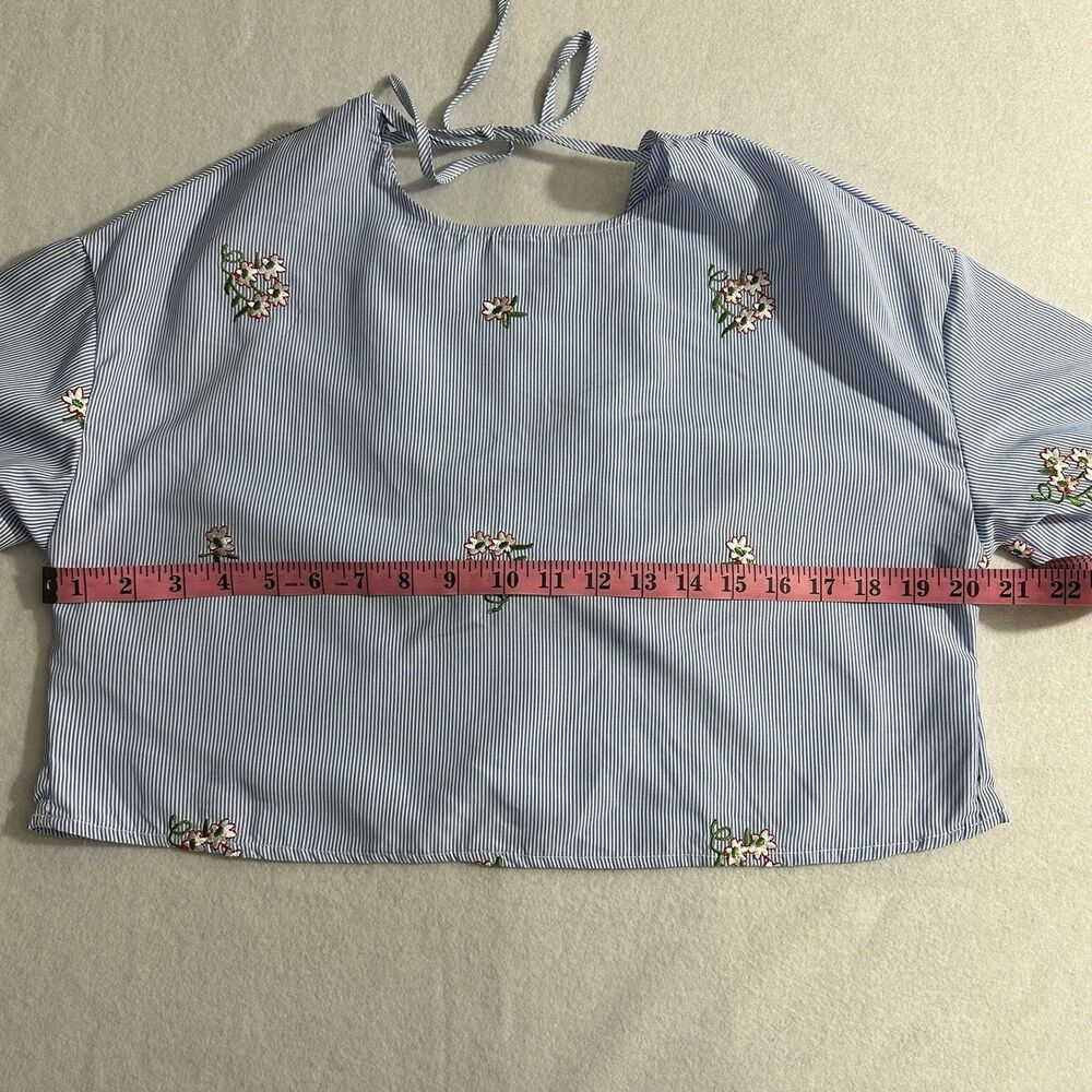 Bleuh Ciel Womens Blouse Medium Blue Striped Backless Big Bow Tie Embroidered - Picture 6 of 8